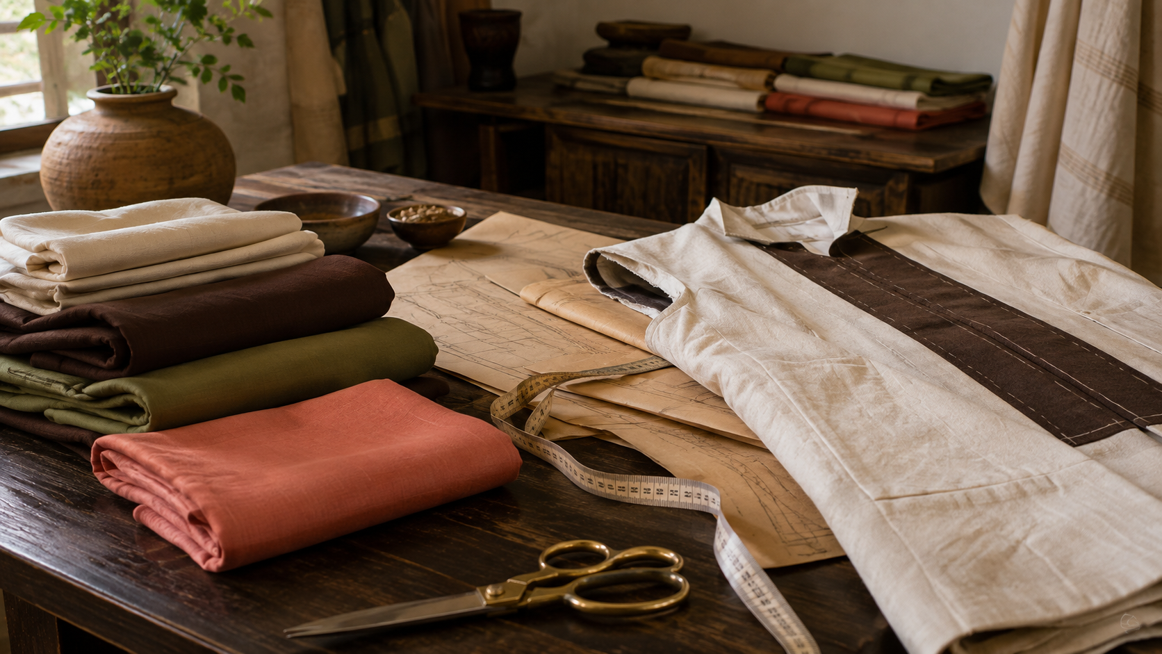 Fabric, patterns and tools on the Adela atelier table