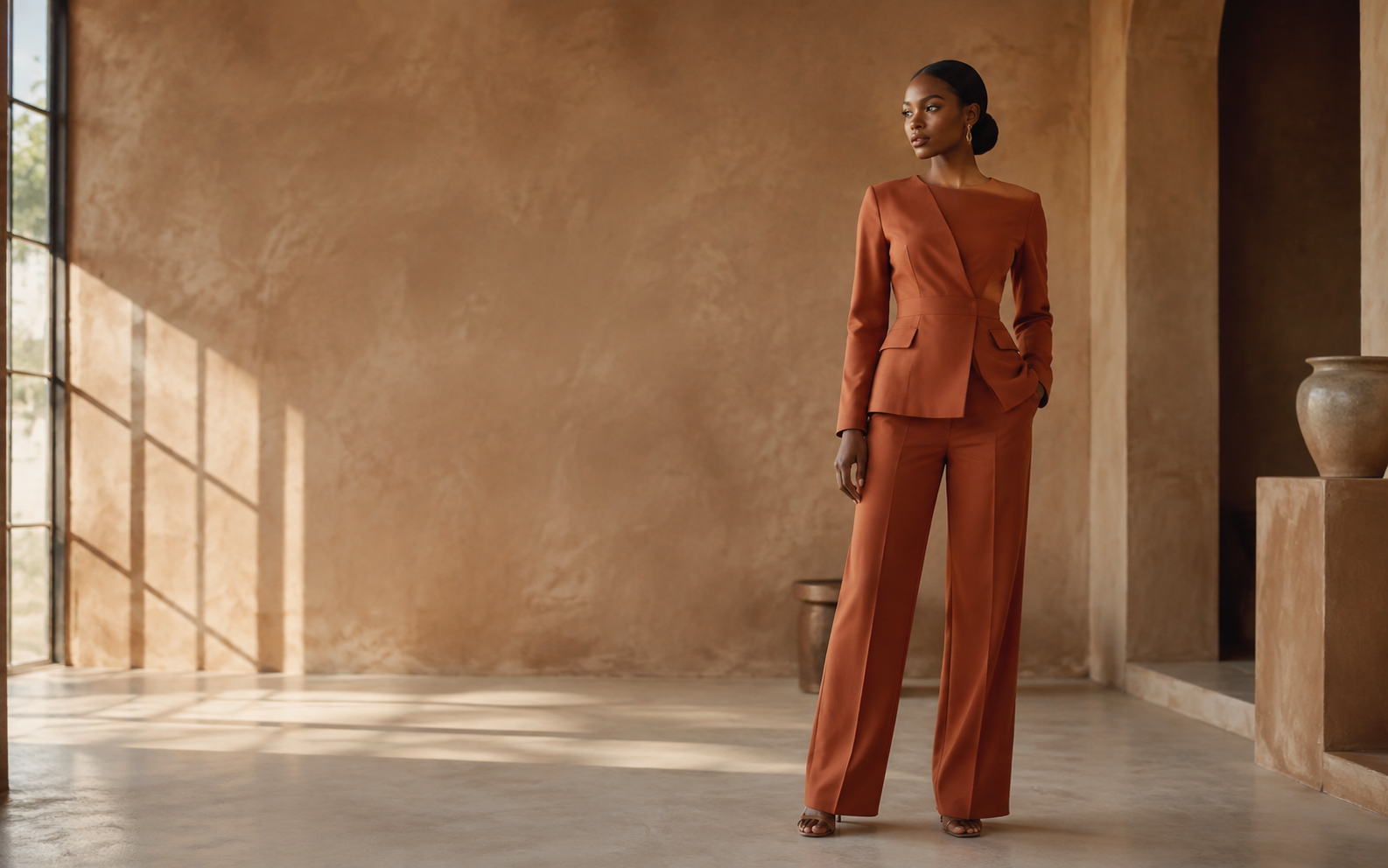 Woman wearing a sculptural terracotta suit