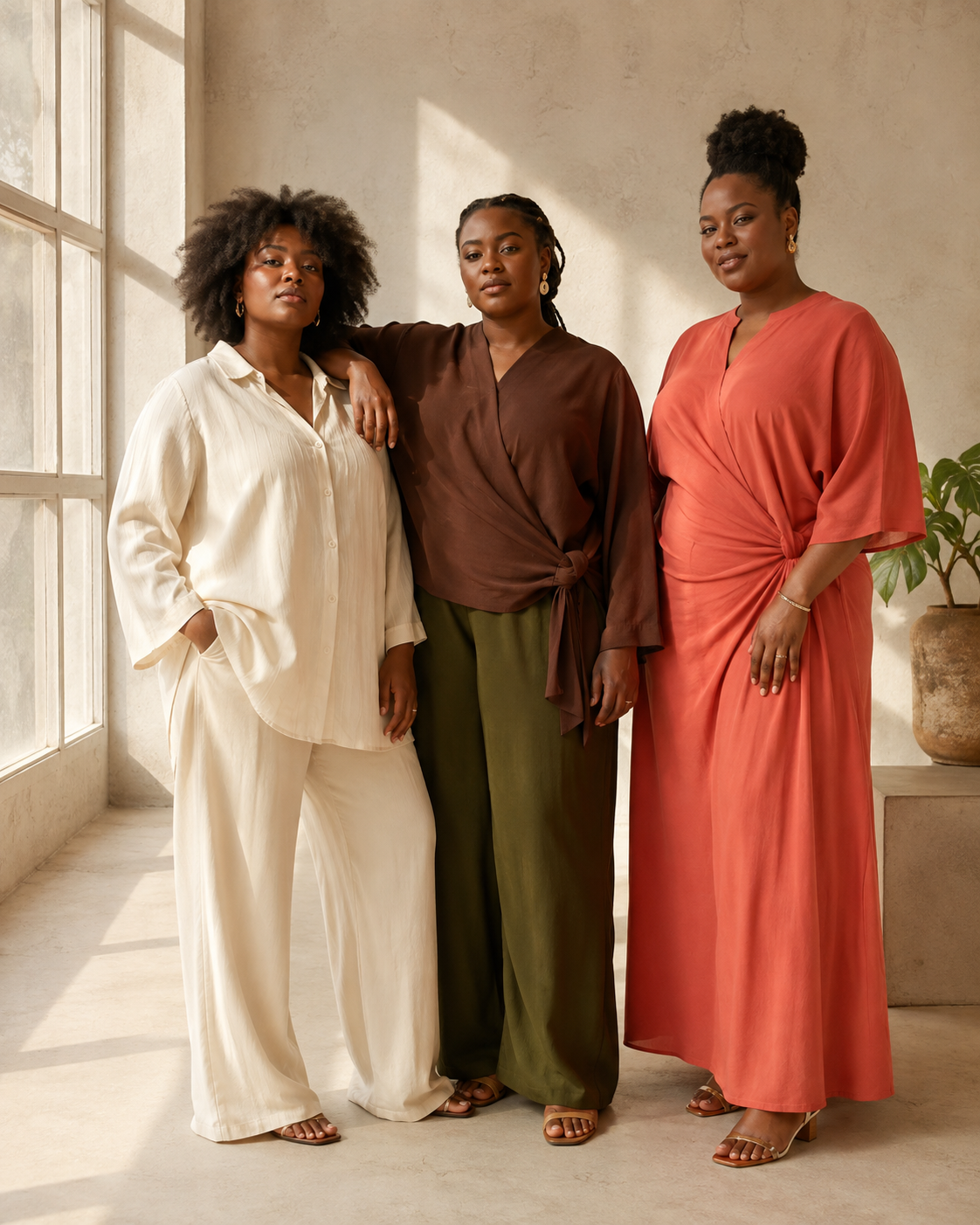 Three women wearing coordinated Adela looks